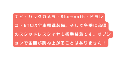 ナビ バックカメラ Bluetooth ドラレコ ETCは全車標準装備 そして冬季に必須のスタッドレスタイヤも標準装着です オプションで金額が跳ね上がることはありません