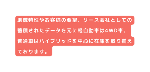 地域特性やお客様の要望 リース会社としての蓄積されたデータを元に軽自動車は4WD車 普通車はハイブリッドを中心に在庫を取り揃えております